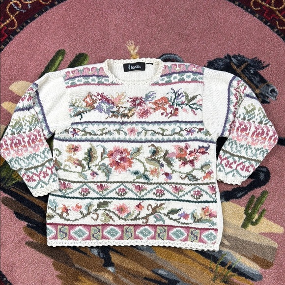 Vintage Floral Knit Sweater - Cream, Pink, Green - Picture 2 of 8